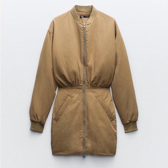 Zara NWT Bomber Mini Dress Synched Waist Olive Green Size Small - Picture 2 of 7